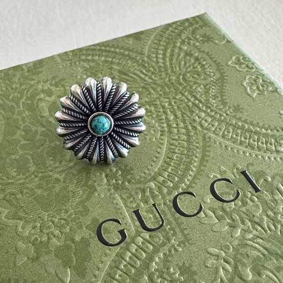 NEW GUCCI AG925 Silver Brooch Turquoise Blue Flower Pin - Picture 1 of 6